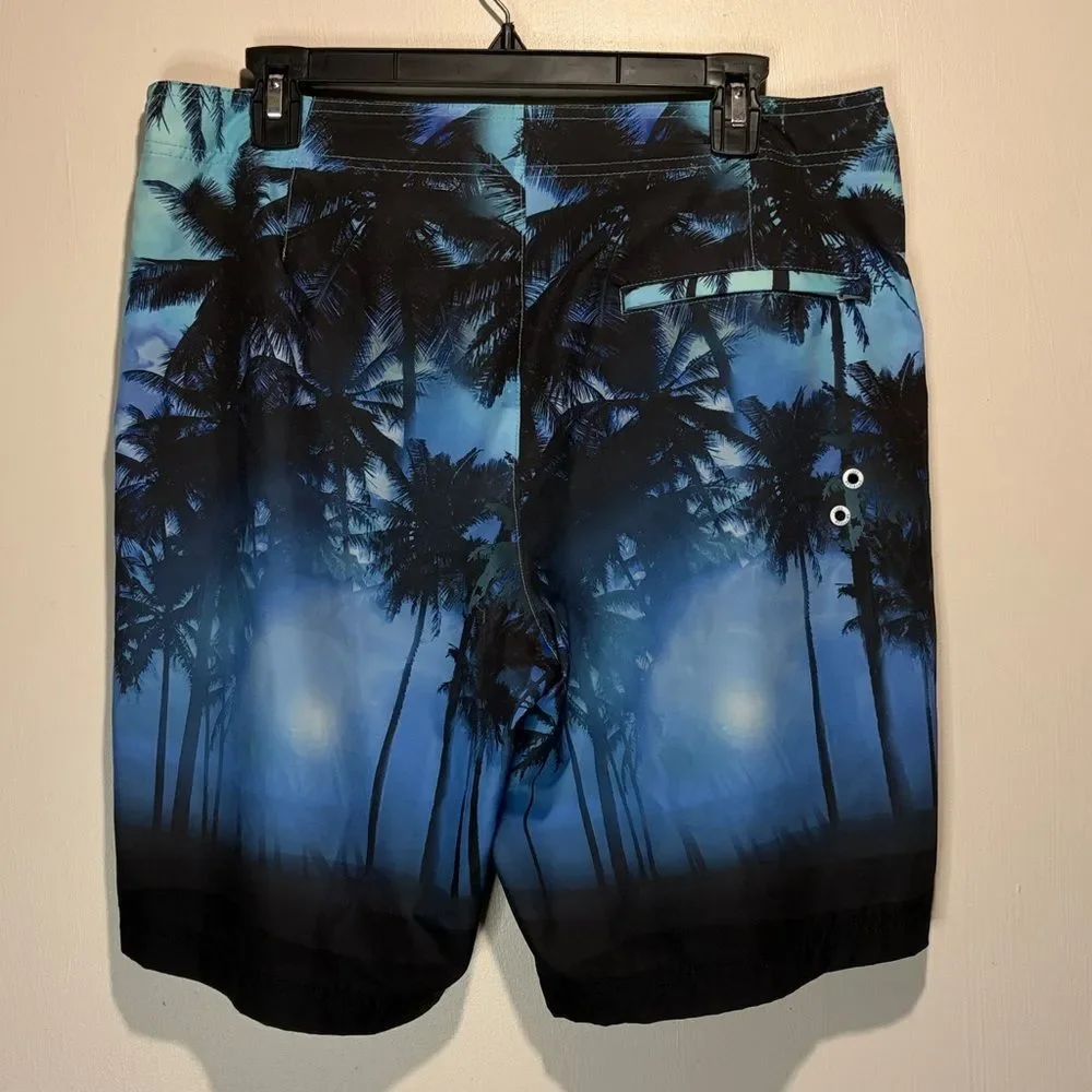 American Eagle- Blue Black Palm Tree Design Men's Swim Board Shorts- Size M